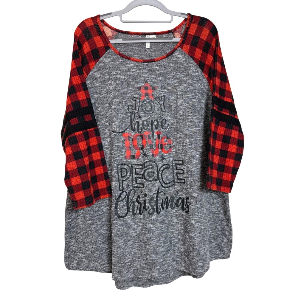 Cato Womens 14 16W Plaid Sleeve Christmas Tree‎ Graphic Raglan Top FLAW